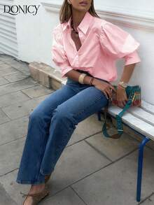 DONICY Damen Einfarbige Bluse mit Kragen und Puffärmeln, Lässiger Retro-Stil Loose Fit Hemd für Frühling, Sommer, Herbst, geeignet für den täglichen Gebrauch, Dates, Geschäft und Lässig