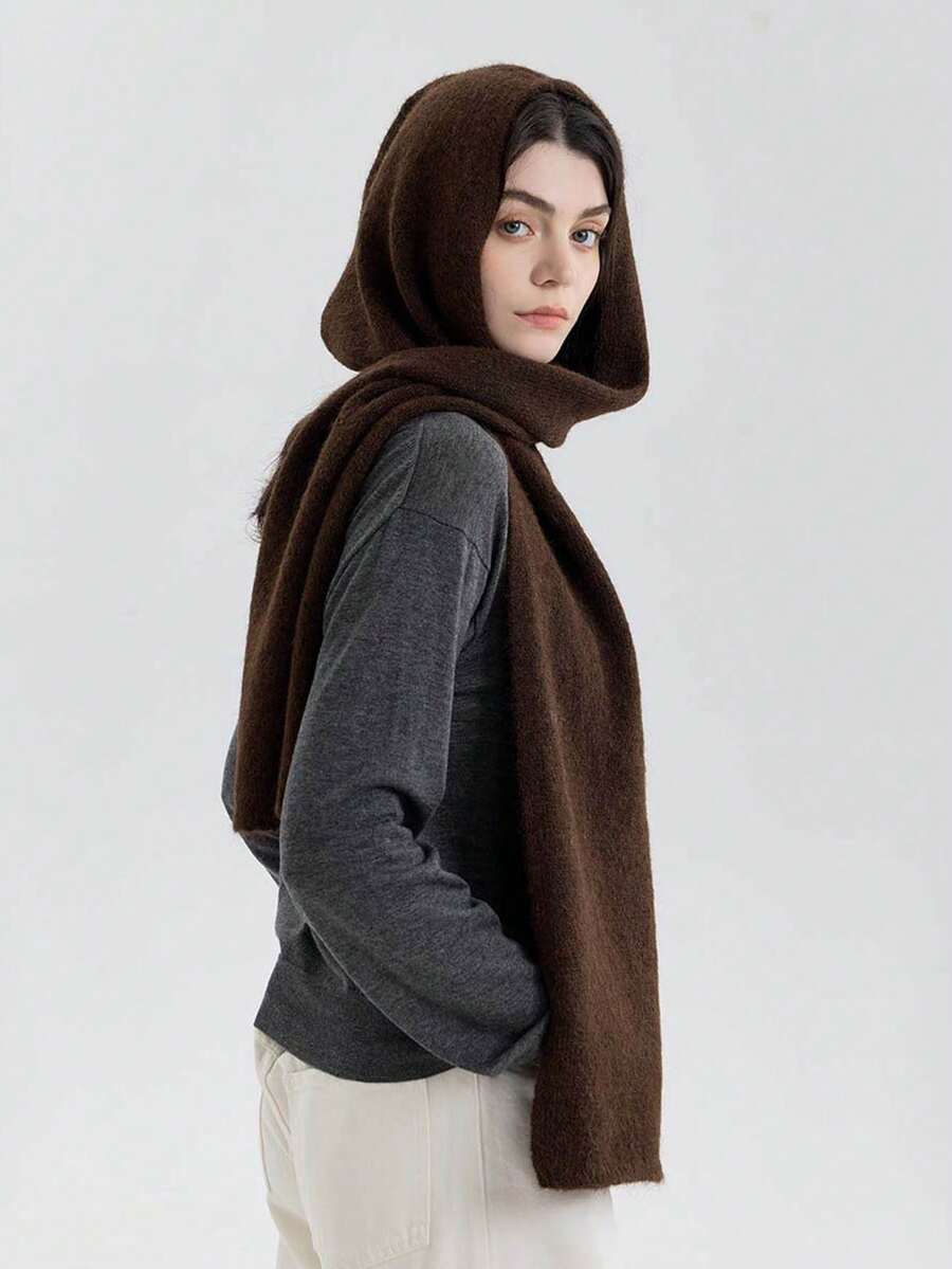 طقم وشاح وقبعة محبوكة للنساء، لون أحادي، دافئ للأذن في فصل الخريف والشتاء، متعدد الاستخدامات للارتداء اليومي والتسوق والسفر، قطعة واحدة