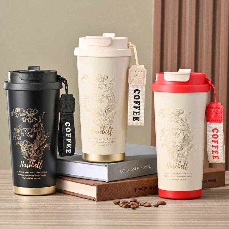 Taza de café con diseño de lirio de los valles, con aislamiento al vacío de doble pared, elegante y portátil para exteriores. - Blanco - Ver 1