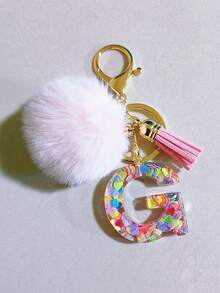 1 件字母首字母钥匙扣可爱毛绒绒球钥匙链环包背包饰品汽车挂件女士女孩礼物，可爱亮片树脂钥匙扣，钱包和手提包配件，带流苏的钥匙扣，字母首字母 A-Y 学校 - 粉色 - 查看 20