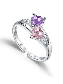 Anillo de corazón con piedras de nacimiento personalizadas de moda para gemelos, con nombre en inglés grabado, piedra de nacimiento de diciembre, joya esencial para cualquier atuendo - Multicolor - Ver 2