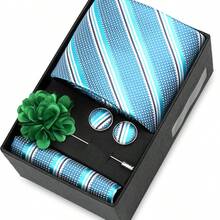 男士正式婚礼领带套装，涤纶面料领带，口袋巾，袖扣，胸针礼盒套装，金色格子图案 - 混色 - 查看 32