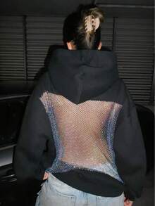 2025 Autumn-Winter New Women's Fashion Solid Color Backless Openwork Mesh Hooded Sweatshirt, Casual Fashion Long-Sleeved Sweatshirt, Christmas And Halloween Gift - màu đen - Xem 1