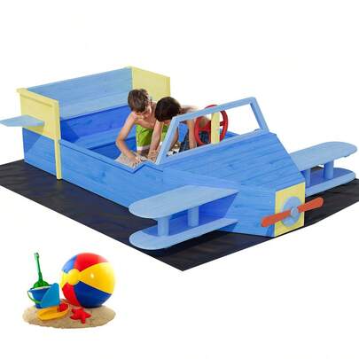 Airplane Wooden Sandbox,Imaginative Sky Voyage Adventure,Innovative Drainage System With Liner,Kids Sandpit For Ages 3-8 For Beach, Patio, Backyard