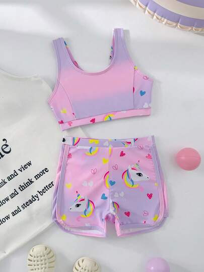 Tankini de traje de baño con estampado de unicornio degradado para niñas jóvenes