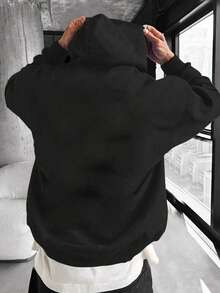 Men's Autumn/Winter Casual Loose Fit Drop Shoulder Colorblock Hoodie Sweatshirt - Black - View 2