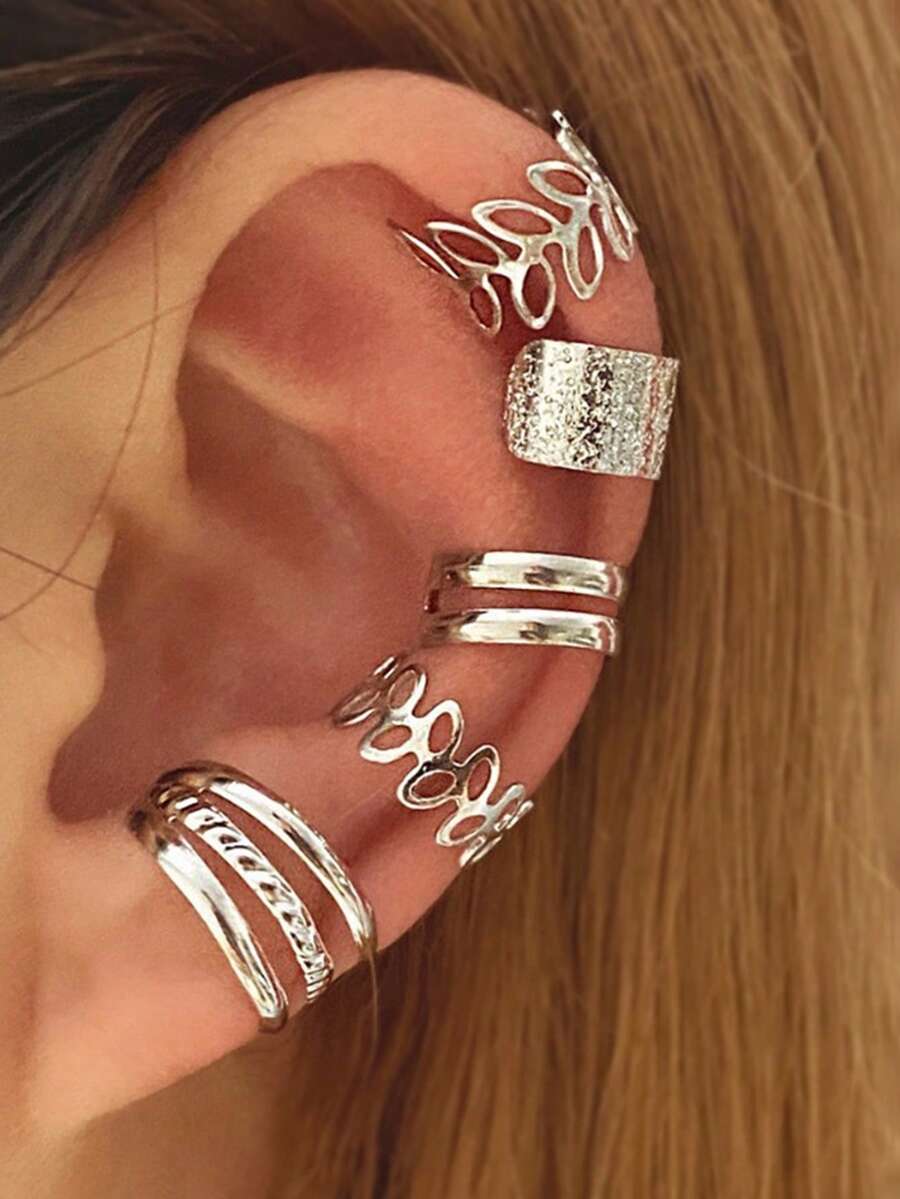 Bộ 5 khuyên tai hình lá rỗng tối giản, trang sức kẹp tai thanh lịch không xỏ khuyên dành cho nữ - Bạc - Xem 1
