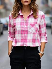 Women's Regular Fit Pink Plaid Button-Down Long Sleeve Polyester Shirt With Pockets - Pink - View 1