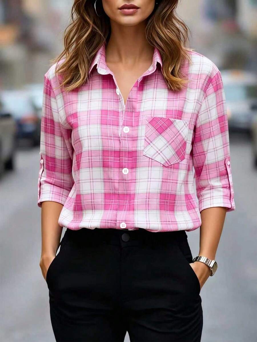 Women's Regular Fit Pink Plaid Button-Down Long Sleeve Polyester Shirt With Pockets - Pink - View 1