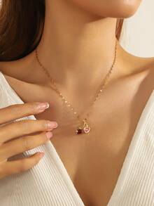 1 pieza Collar vintage lindo de cereza y fresa colorida con circonita, artesanía de esmalte - Regalo de Navidad, Día de San Valentín, Día de la Madre, adecuado para el uso diario de las mujeres o para ocasiones de fiesta, se puede combinar con colgante, collar de acero inoxidable, collar estilo Y2K, collar de oro para mujer, collar para mujer - Multicolor - Ver 2