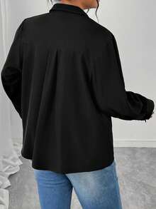 Women's Fall Plus Size Tops Button Down Stylish Lace Trim Solid Color V Neck Long Sleeve Blouse - màu đen - Xem 2