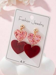 1 Pair Acrylic Romantic Valentine's Day Colorful Sequin Red Heart Design Earrings, Perfect Gift For Ladies On Dates Valentines,Mom,Mother,Mother's Day,Gift - 紅色 - 查看 3