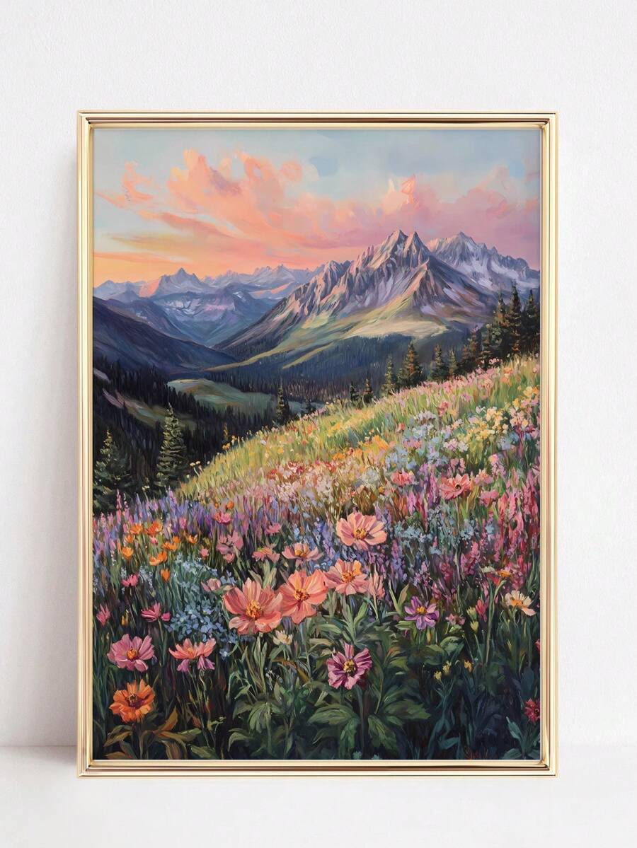 1幅装裱帆布墙画,抽象风景画,描绘野花草甸和群山,波西米亚风花卉墙饰,农舍风格装饰,适用于公寓、宿舍、卧室、客厅、浴室、厨房、餐厅,礼品 - 彩色 - 查看 1