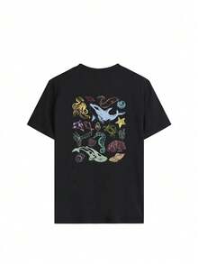 波西米亚风女童服装 - 可机洗，“丰富的海洋生物”印花休闲度假图案T恤，适合爱干净的女孩，青少年夏季上衣，少女衬衫 - 黑色 - 查看 4