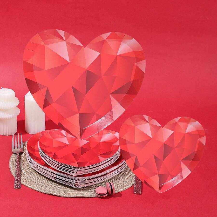 10pcs/20pcs/40pcs/50pcs,Red Valentine's Day Heart-Shaped Disposable Paper Dessert 7inch And 9inch Plates,Chic Red Geometric Faceted Heart Paper Plates,Disposable Party Tableware For Valentine's Day, Wedding Cocktail Hour, Romantic Date Night Celebration - Multicolor C - View 1