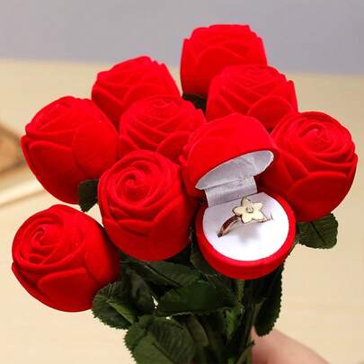 1 Hộp đựng nhẫn hoa hồng cổ điển - Chất liệu nhựa, lót nhung bên trong - Lớp lót vải - Khóa bấm - Quà tặng cầu hôn và tỏ tình - Thiết kế hoa tai và đinh tán - Không cần nguồn điện - Hộp đựng trang sức