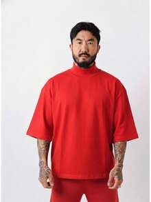 Premium High Neck Over Boxy T-Shirt - Rojo - Ver 1