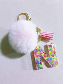 1 件字母首字母钥匙扣可爱毛绒绒球钥匙链环包背包饰品汽车挂件女士女孩礼物，可爱亮片树脂钥匙扣，钱包和手提包配件，带流苏的钥匙扣，字母首字母 A-Y 学校 - 粉色 - 查看 9