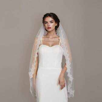 Bride Wedding Mid-Length Lace Trim Luxury White Retro Veil, Bridal Accessory For Photoshoot