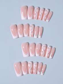 24片/套长款棺材形白色法式亚克力美甲贴纸，粉色蝴蝶结和爱心图案，镶钻装饰，包含1片果冻胶和1个指甲锉，适合女性和女孩日常及派对使用。 - 查看 4