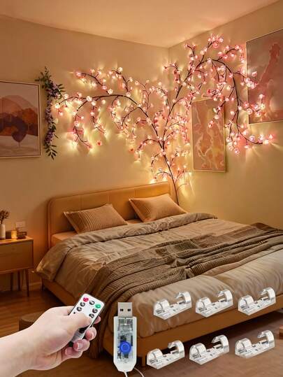 1 Piece 2.3 M/7.54 Ft - 144 LED Cherry Blossom String Lights (Pink), USB Powered With 8 Flashing Patterns, Flexible & Bendable, Suitable For Home Decoration/Fairy Garden/Room Decoration/Wall Decoration/Garden Decoration/Celebrations/Gaming Room/Office Decoration