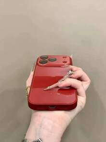 亮面復古紅色玻璃紋理手機殼，適用於 iPhone 17 Pro Max、New 17、16 Pro、14、13、15、12，全包防摔保護殼附鏡頭膜，女性風格，顯膚色 - 紅色 - 查看 4