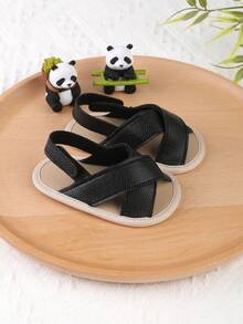 1双幼儿男童时尚百搭英伦风魔术贴凉鞋/拖鞋，适合0-1岁男婴学步鞋、婴儿鞋，春夏款 - 黑色 - 查看 10