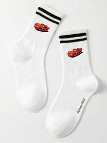 Disney 5双装汽车卡通图案男士船袜，黑白条纹，可爱图案，防臭，吸湿排汗，休闲百搭，适合学生/成人作为礼物或日常穿着 - 白色 - 查看 17