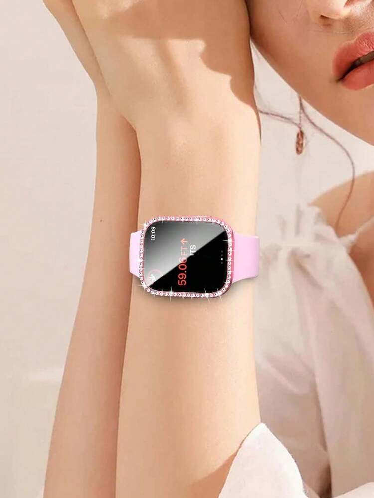 2-In-1 Band And Protective Case Set For [Device Model], Fashionable New Pink Silicone Printed Band Paired With Pink PC Case Embedded With Diamonds, Compatible With 38mm, 40mm, 41mm, 45mm, 44mm, 42mm, 49mm [Device Model] Ultra, 9, 8, 7, 6, 5, 4, 3, 2, 1, SE Series, Comfortable Breathable Wristband, Scratch-Resistant, Waterproof, Shock-Proof, Women's Protective Case - Pink - View 6