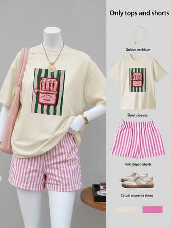 Fish Can Print Ladies Oversize Short-Sleeved Top Striped Shorts Suit Ladies Summer Leisure Two Pieces Suits Leisure Women's Clothing Seaside Vacation Summer Two Pieces Clothing,Chinese New Year, Lunar New Year, Year Of The Year Of The Horse, Spring Festival,Happy New Year , Valentine's Day, Valentine's Gift, Valentine's Day Gift For Her, Valentine's Present