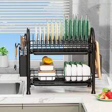 1PCS 2-Tier Wrought Iron Dish Drying Rack Large Size With Bowl Strainer, Drain Board And Utensils Holder Black - 黑色 - 查看 3