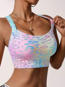 Dreamy Rainbow Leopard Print Criss-Cross Sports Bra, Sweet And Stylish, Supportive, Suitable For Fitness And Casual Wear, Gradient Color With Niche Design - Multicolor - View 4