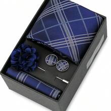 男士正式婚礼领带套装，涤纶面料领带，口袋巾，袖扣，胸针礼盒套装，金色格子图案 - 混色 - 查看 7