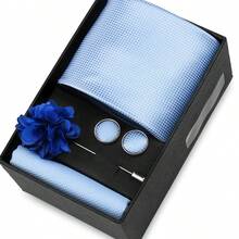 男士正式婚礼领带套装，涤纶面料领带，口袋巾，袖扣，胸针礼盒套装，金色格子图案 - 混色 - 查看 40