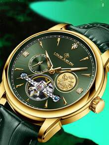 JUELEN Men's Automatic Mechanical Watch, Luminous, Skeleton Tourbillon, Emperor Green, Great Gift - Green - View 6