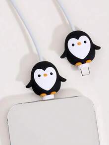 2pcs Cartoon Silicone Cable Protector, Penguin Design, Data Cable Saver For Apple Phone, Cute Gift - Black - View 4