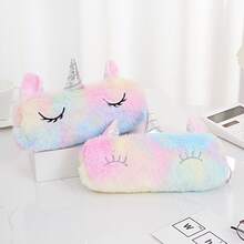 Cartoon Octagonal Bag Cute Colorful Plush Pencil Case Simple Pencil Box Student Stationery Box Makeup Storage Bag - 瞇眼灰 - 查看 4