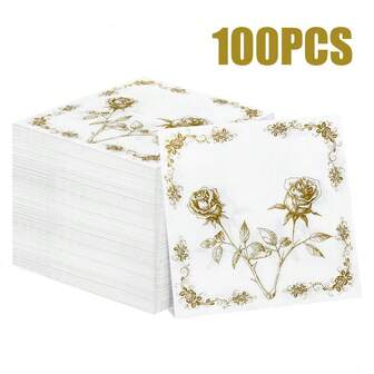 100/60/20 st. 13 * 13 tums engångsservetter med guldrosamönster, används för födelsedagsfester, familjesammankomster, parträffar och måltider, bröllopsbanketter, hotell- och restaurangdekorationspapper