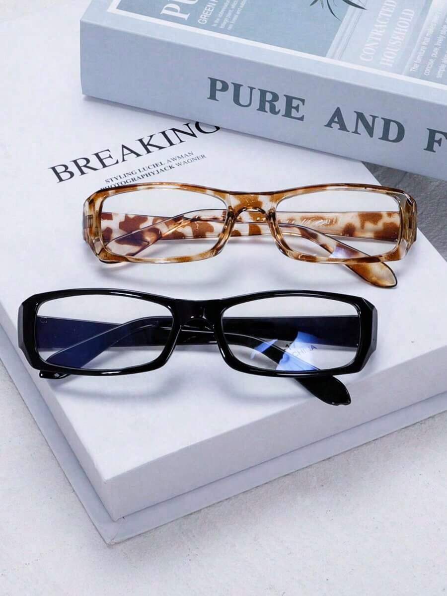 2 PCS Women's Acrylic Casual Rectangle Fashion Blue Light Glasses Daily Reading And Work Commuting Outfits Beach Accessories Vintage Y2k Basics Business Casual Gifts - 2件套裝(豹紋+黑色) - 查看 1