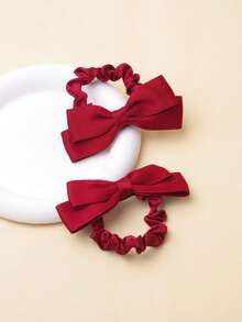 2 PCS Red Bow Hair Tie Princess Hair Tie Girls' Hair Accessories Back To School Season Satin Double Layer Wrap Waist Butterfly Colon Circle Ponytail Hair Tie Versatile Headgear - Burgundy - View 2