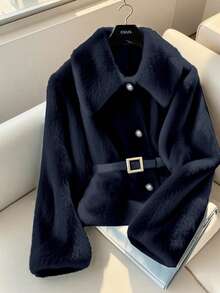 新款纯色毛绒翻领纽扣前襟女式外套，优雅可爱，适合外出、聚会、旅行、通勤、办公、约会、日常穿着，也可作为圣诞节、万圣节服装穿着（不含腰带）