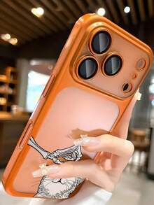 Cartoon Skeleton Hand Petting Cat Print PC Phone Case For IPhone 12 13 14 15 16 17 - Transparent Back Protective Cover With Orange Frame, Cute Gothic Y2K Style For Women Girls, Daily Use & Gi - 橘色 - 查看 5