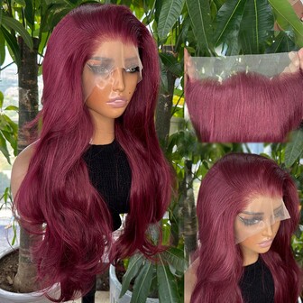 Kanekalon Futura Hair Burgundy Lace Front Wigs 13x6 Resistant Synthetic Hair For Women 22 Inch Long Wavy Glueless Half Hand Tied Natural Hairline Pre Plucked 150% Density For Fashion Women Girls Party Vacation Makeup Use Daily Wear