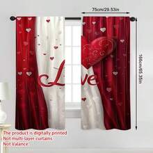 2PCS 2D Flat Printed Romantic Red And White Heart-Shaped Curtains, Suitable For Bedrooms, Offices, Kitchens, Living Rooms, And Study Rooms, Home Decoration, And Room Decoration (Excluding Poles),160gsm
