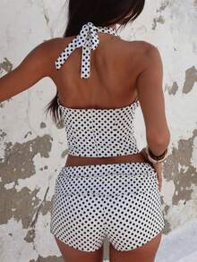 Women's Y2K Polka Dot 2 Piece Outfit Halter Neck Backless Sleeveless Crop Tank Top Vintage 3D Flower And Fold Over Shorts Set - trắng - Xem 6