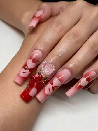 用24片长方形按压式假指甲表达你的爱意，情人节假指甲，婚礼风格，时尚优雅，金色星星，粉色爱心，红色渐变，3D金珠，珍珠爱心，红色美甲，魅力粉色唇膏，红色蝴蝶结假指甲，母亲节美甲，全覆盖指甲贴片，适合女性和女孩。包含1张粘合贴片和1个迷你锉刀条果冻凝胶。随机发货。