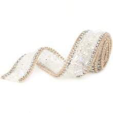 Cadena de Strass con Adhesivoérmico, Cinta de Cristales 2.5cm x 50cm para Manualidades, Vestidos Novia, Bisutería y Decoración, Color Dorado con Cuentas y Piedras Blancas - #01 - Ver 8