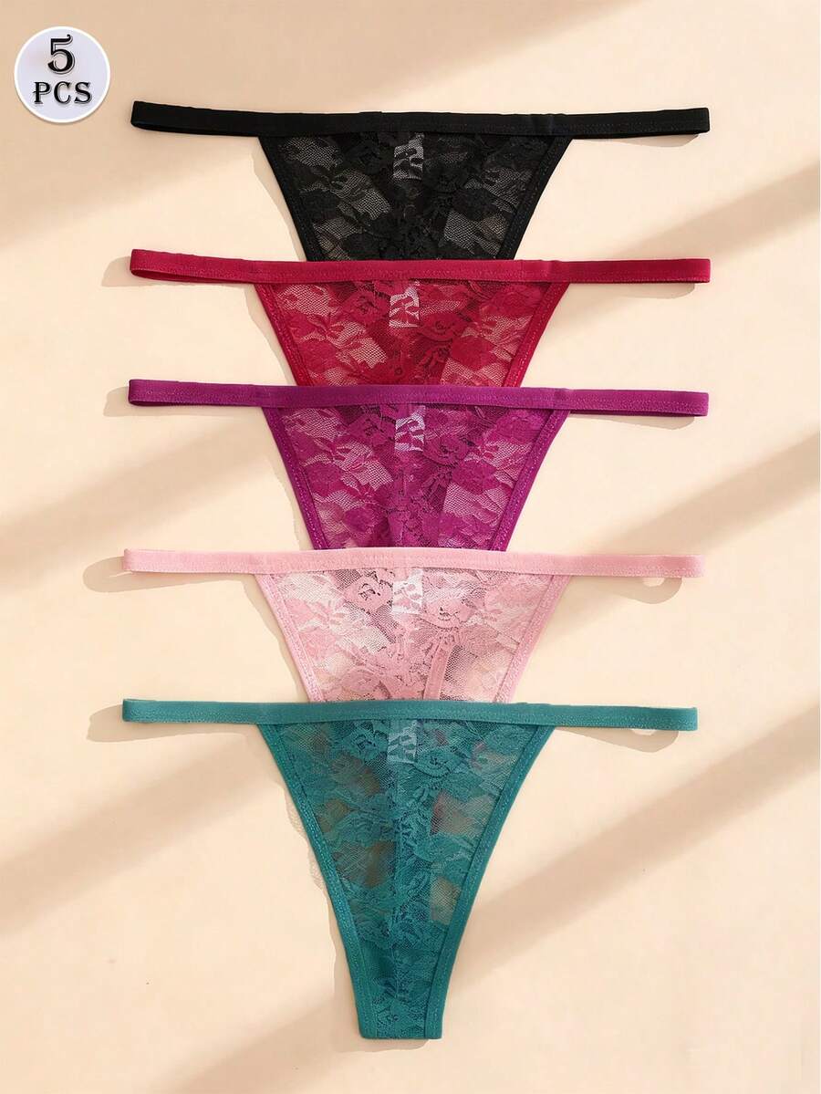 5条装女士花卉蕾丝丁字裤，性感低腰舒适透气内裤