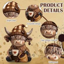 2026-NEW[ Latest Style]Hand-Painted Scottish Highland Cow Statue - Resin Ornament With Plaid Hat & Coffee Mug, Sitting Cow With Coffee Beans, Vintage Scottish Theme Decor For Home, Office, Or Gifts (Christmas, Halloween, Easter) - Cow Lover Gift - B - 查看 9