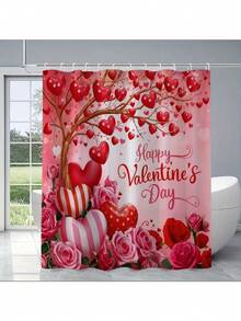 1/4pcs Valentine's Day Decor Shower Curtain Set, Heart & Rose Floral Romantic Red & Pink Washable Bathroom Curtain, Bathroom Gift With 12 Hooks Non-Slip U-Shaped Toilet Seat Cover And Bath Mat - Multicolor - View 8